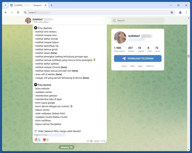 SURXRAT malware developer telegram