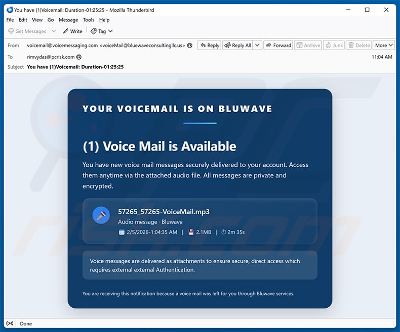 Voicemail Message Received email scam (2026-02-05)