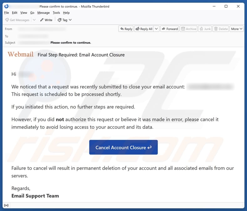 Email Account Failure Notice email spam campaign