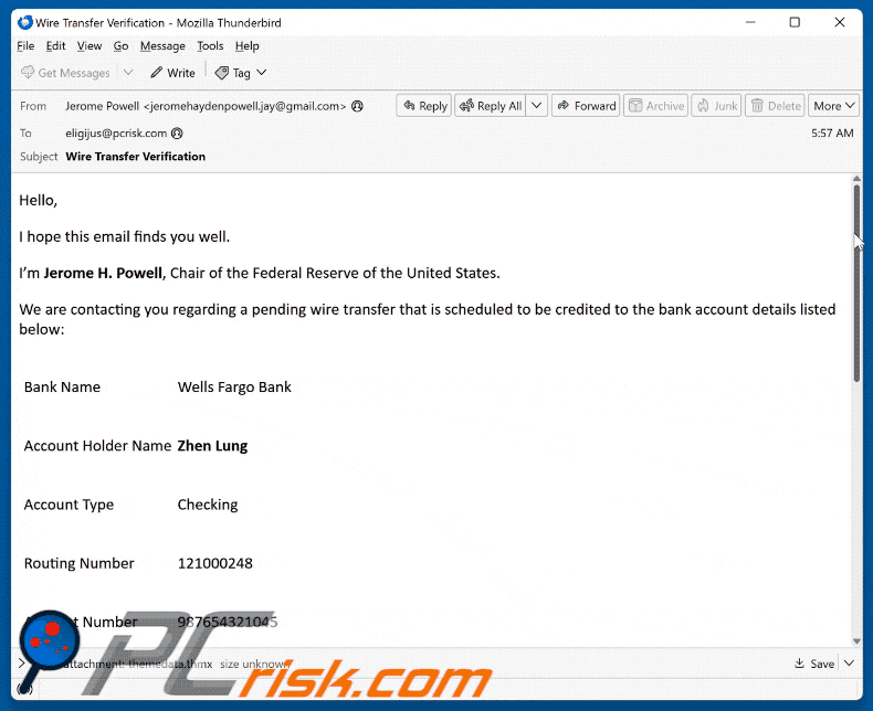 Wells Fargo - Pending Wire Transfer Email Scam appearance