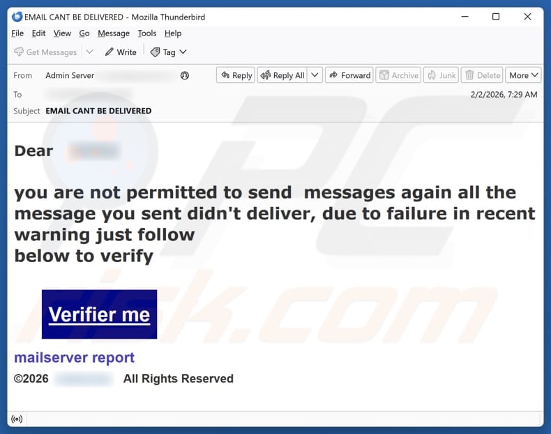 Email Account Failure Notice email spam campaign