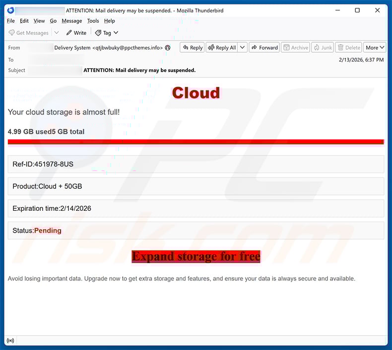 Your Cloud Storage Is Almost Full Email Scam (2026-02-18)