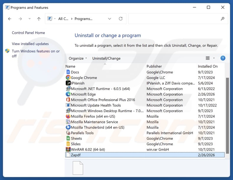 Zap PDF uninstall via Control Panel