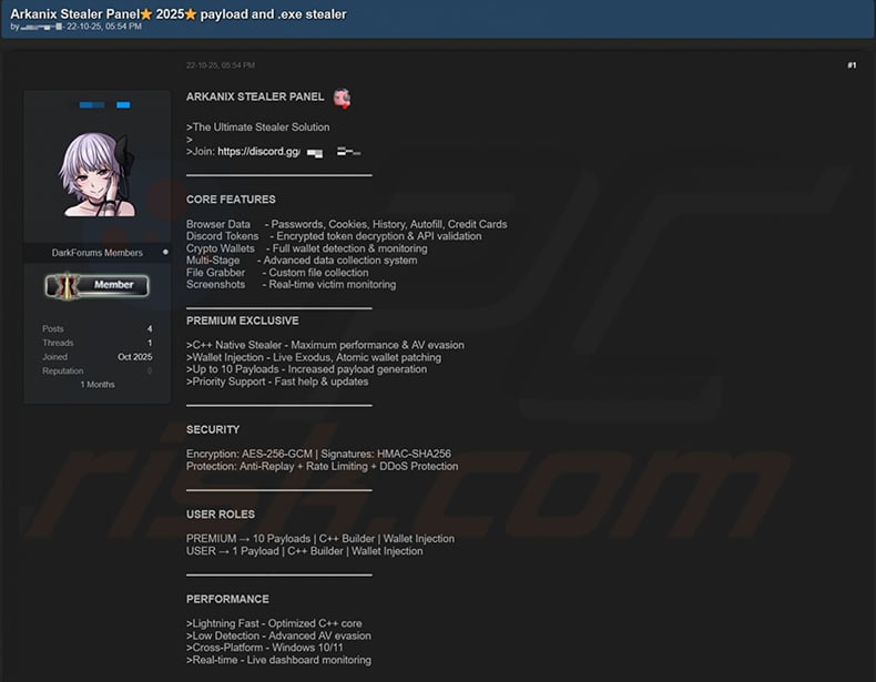Arkanix stealer promoted on hacker forums