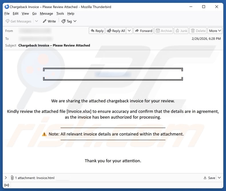 Chargeback Invoice email spam campaign