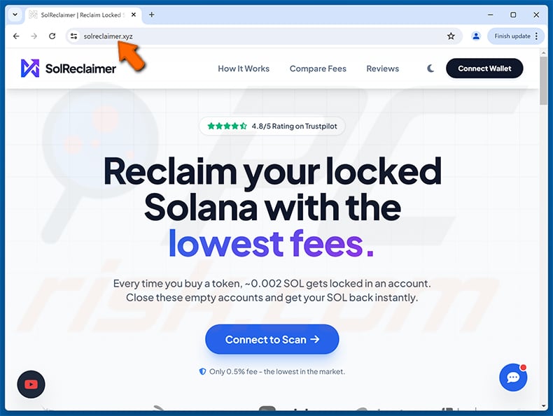 Drainer website offering users to reclaim Solana (solreclaimer[.]xyz)