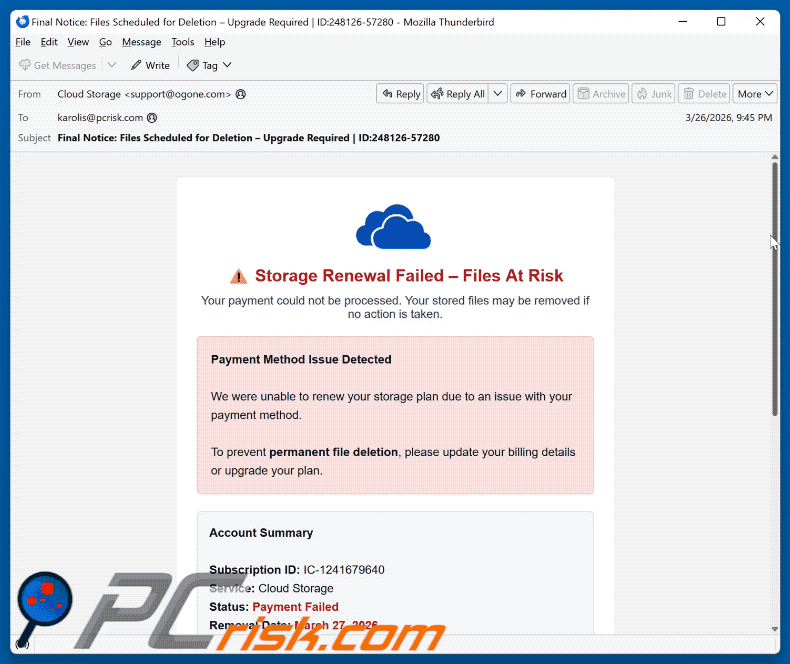 Cloud Storage Renewal Failed Email Scam appearance