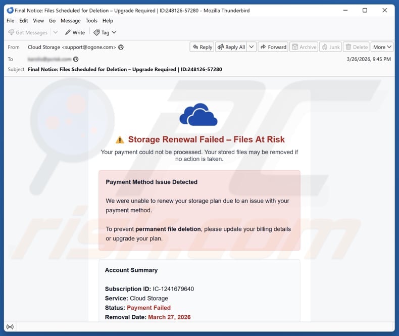 Cloud Storage Renewal Failed email spam campaign