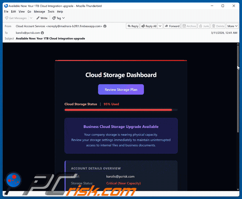 Cloud Storage Upgrade Available Email Scam appearance