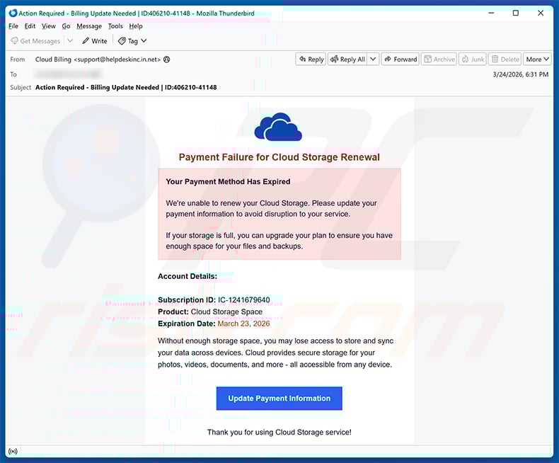 Cloud - Your Payment Method Has Expired email scam (2026-03-25)