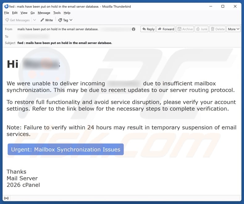 cPanel - Insufficient Mailbox Synchronization email spam campaign