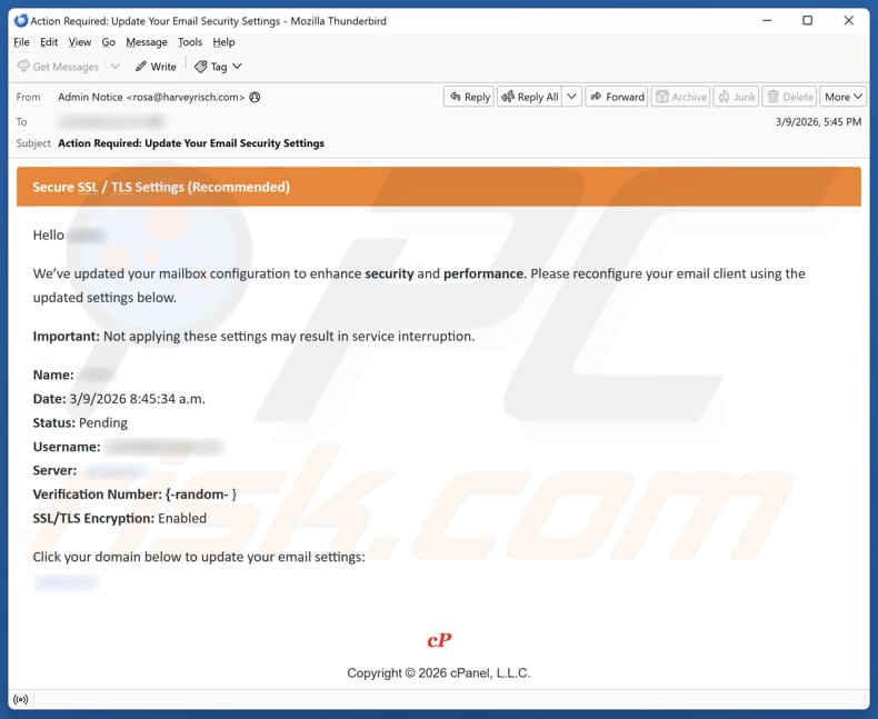 cPanel - Secure SSL / TLS Settings email spam campaign