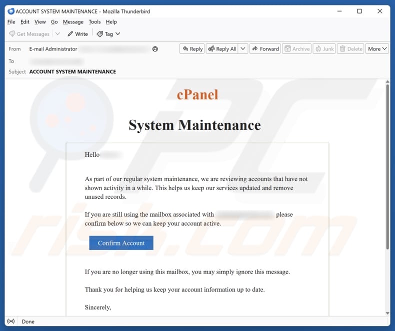 cPanel System Maintenance email spam campaign