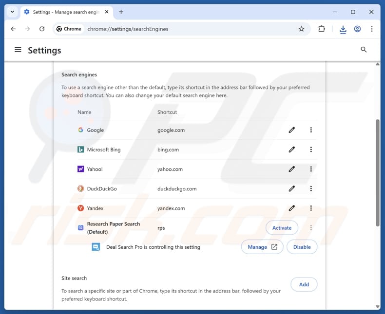 Removing dealsearcherpro.com from Google Chrome default search engine