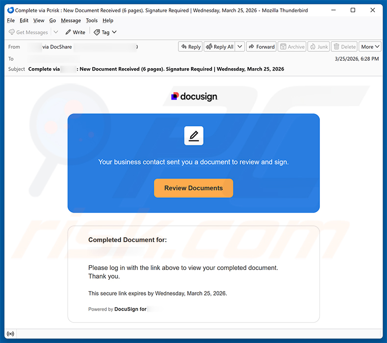 DocuSign - Your business contact sent you a document to review and sign email scam