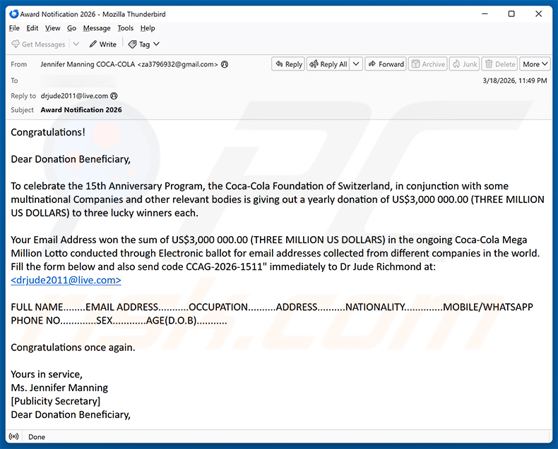 Donation From Coca-Cola email scam (2026-03-20)