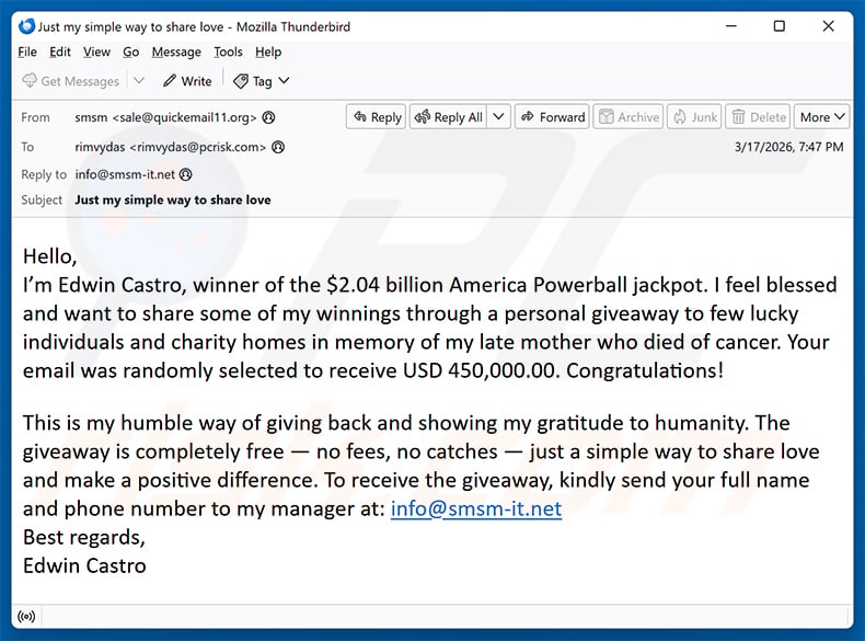 Donation From Lottery Winner Email Scam (2026-03-20)