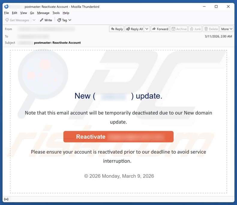 Email Will Be Deactivated Due To Our Domain Update email spam campaign