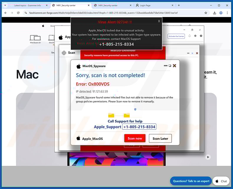 Error: Ox800VDS pop-up scam (MacOS variant)