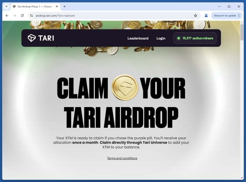 Fake Tari XTM Airdrop Scam real site (airdrop.tari.com)