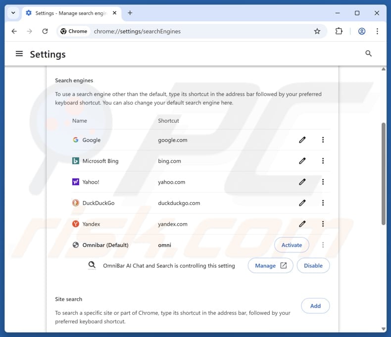 Removing go.omnibar.ai from Google Chrome default search engine