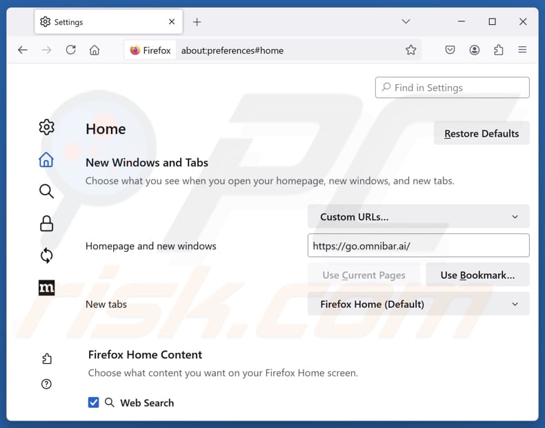 Removing go.omnibar.ai from Mozilla Firefox homepage