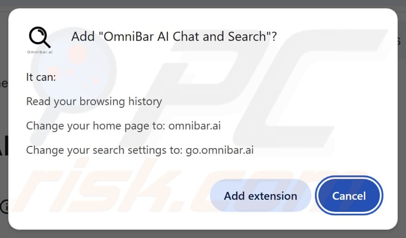 OmniBar AI Chat and Search browser hijacker asking for permissions