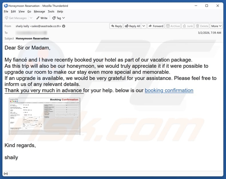 Hotel Room Upgrade email spam campaign