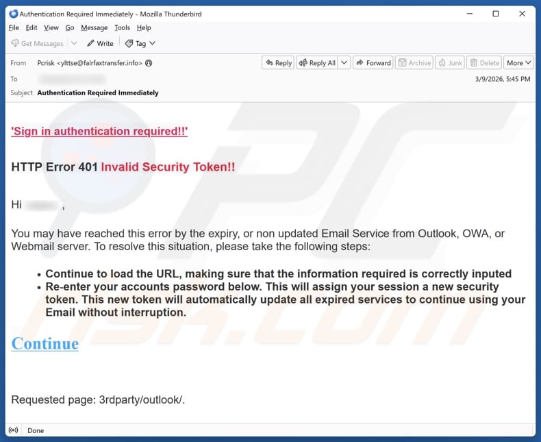 HTTP Error 401 Invalid Security Token email spam campaign