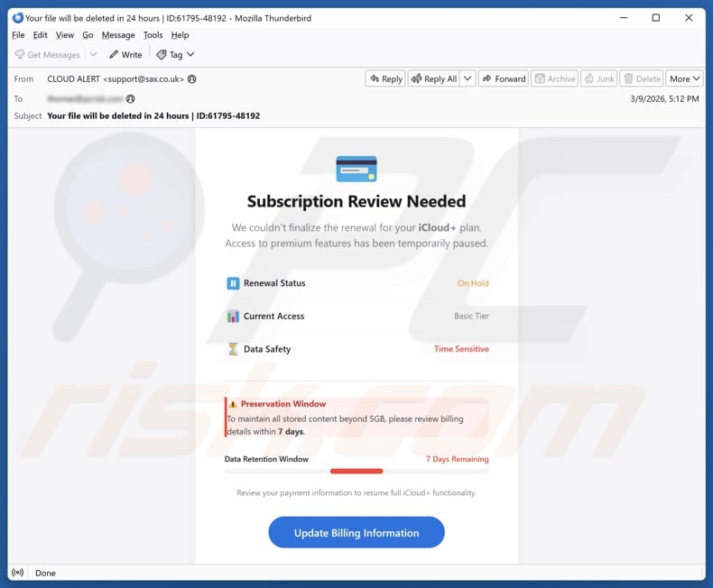 iCloud Subscription Review Needed email spam campaign