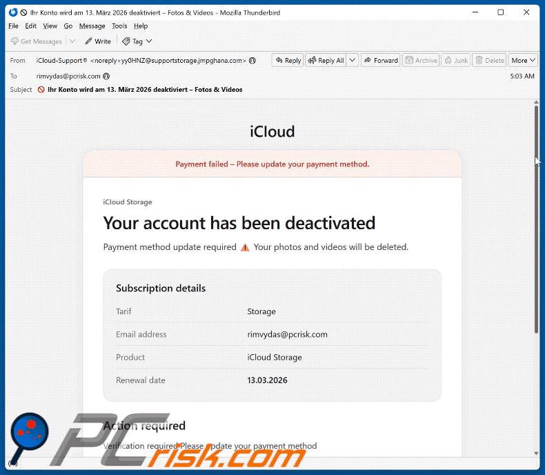 iCloud - Updated Payment Method Email Scam appearance