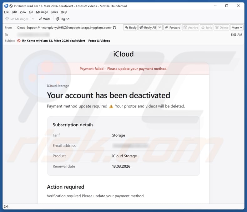 iCloud - Updated Payment Method email spam campaign