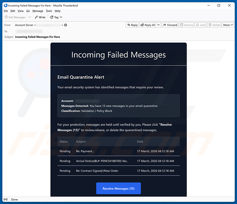 Incoming Failed Messages Email Scam (2026-03-20)