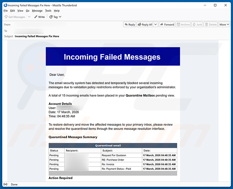 Incoming Failed Messages email scam (2026-03-20 - sample 2)