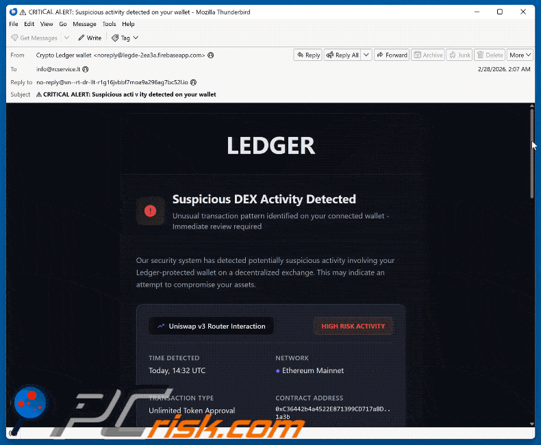 Ledger - Suspicious DEX Activity Detected Email Scam appearance