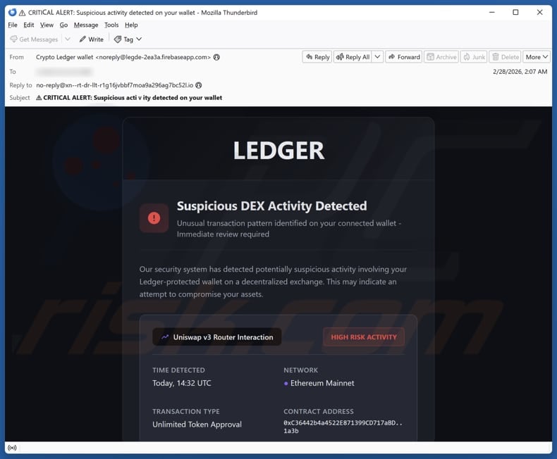 Ledger - Suspicious DEX Activity Detected email spam campaign
