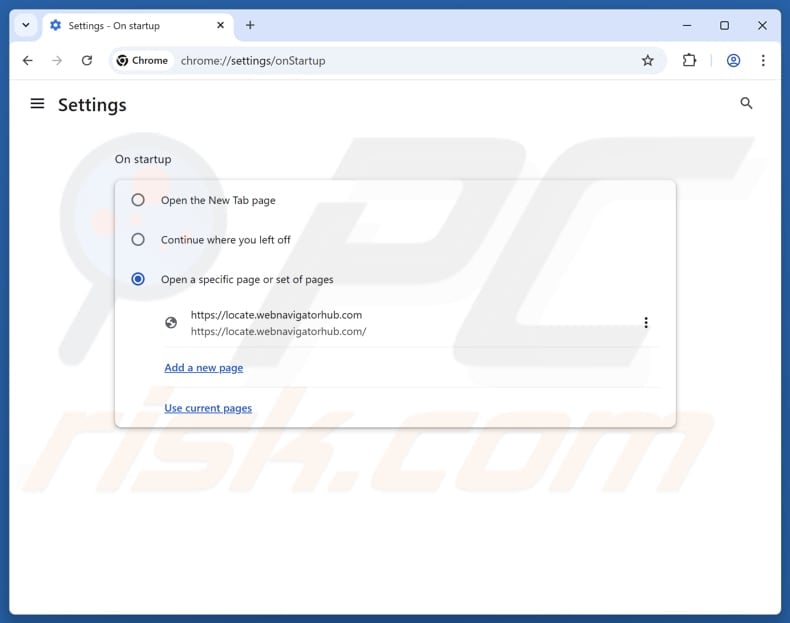 Removing locate.webnavigatorhub.com from Google Chrome homepage