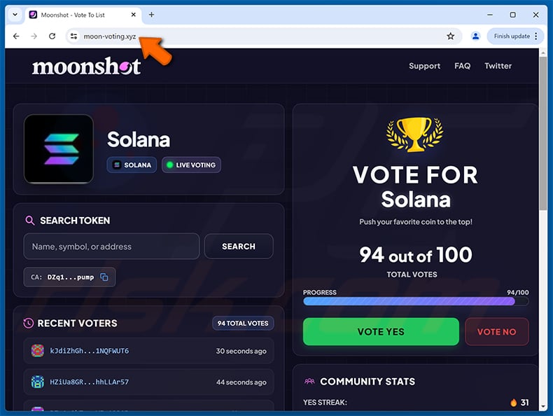 Moonshot Voting scam drainer website (moon-voting[.]xyz)