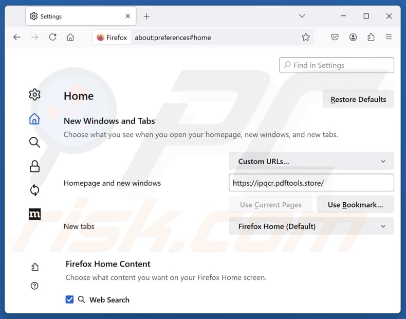 Removing pdftools.store from Mozilla Firefox homepage