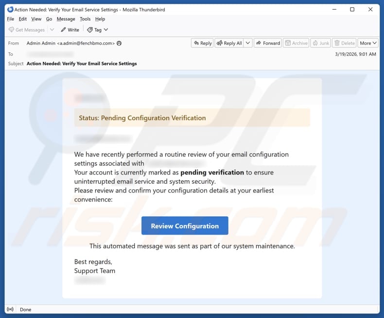 Pending Configuration Verification email spam campaign