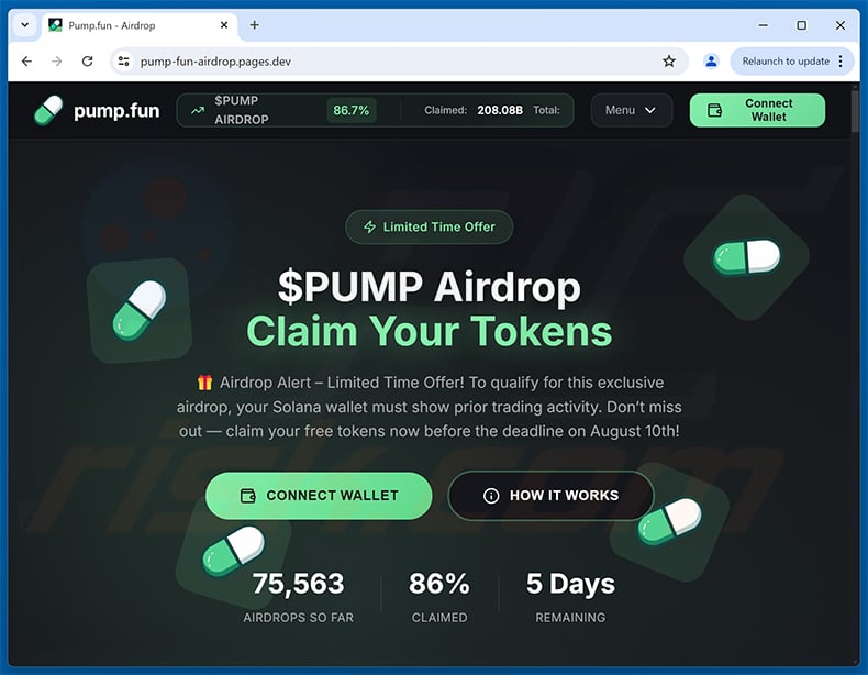$PUMP Airdrop scam drainer website (pump-fun-airdrop.pages[.]dev)
