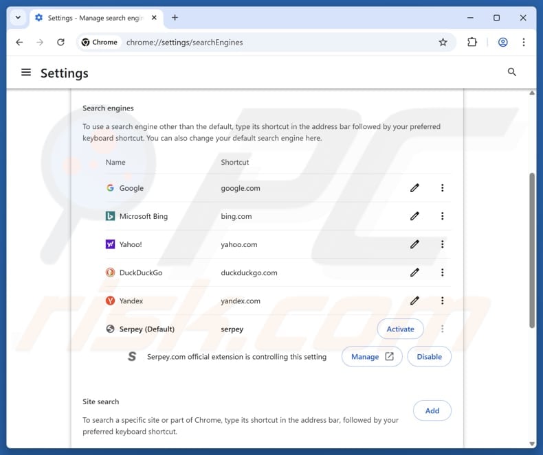 Removing search.serpey.com from Google Chrome default search engine