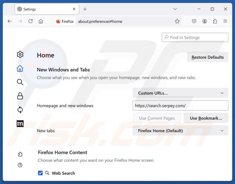 Removing search.serpey.com from Mozilla Firefox homepage