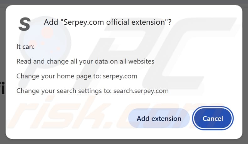 Serpey.com official extension browser hijacker asking for permissions