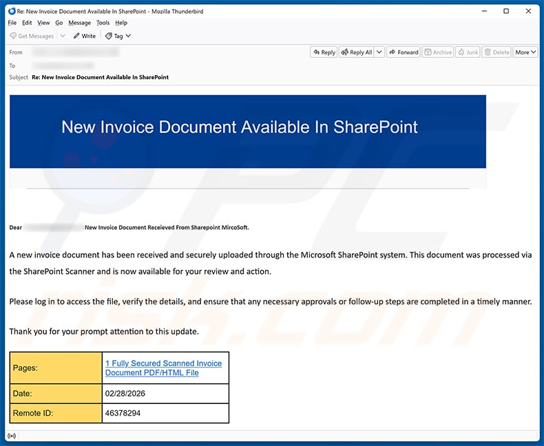 SharePoint Invoice email scam (2026-03-03)
