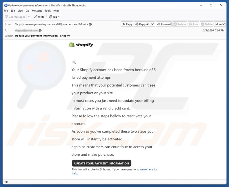 Shopify Account Has Been Frozen email spam campaign