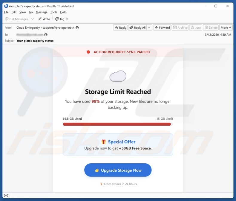 Storage Limit Reached email spam campaign