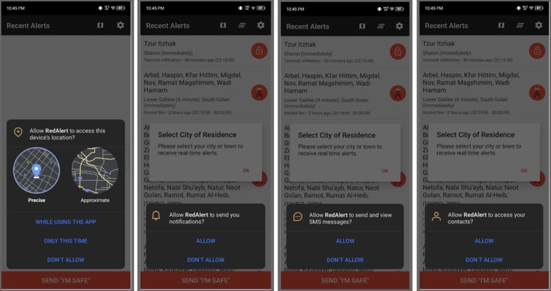 Trojanized RedAlert Application requests permissions (source: cloudsek.com)