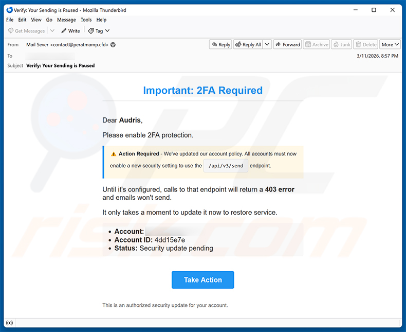 Two-Factor Authentication (2FA) email scam (2026-03-13)