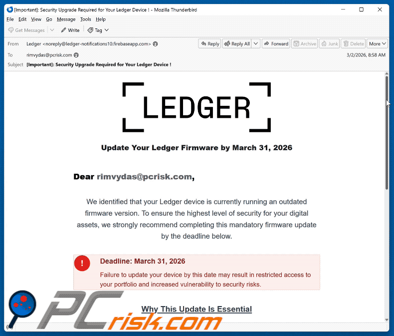 Update Your Ledger Firmware Email Scam appearance